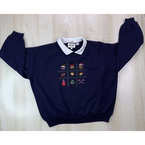 Vintage 90s Collar Navy Blue Embriodered Christmas Sweater Grandma Style 1X-